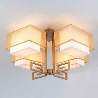 Modern Chinese Fabric Square Geometric Hardware 4-Light Semi-Flush Mount Ceiling Light