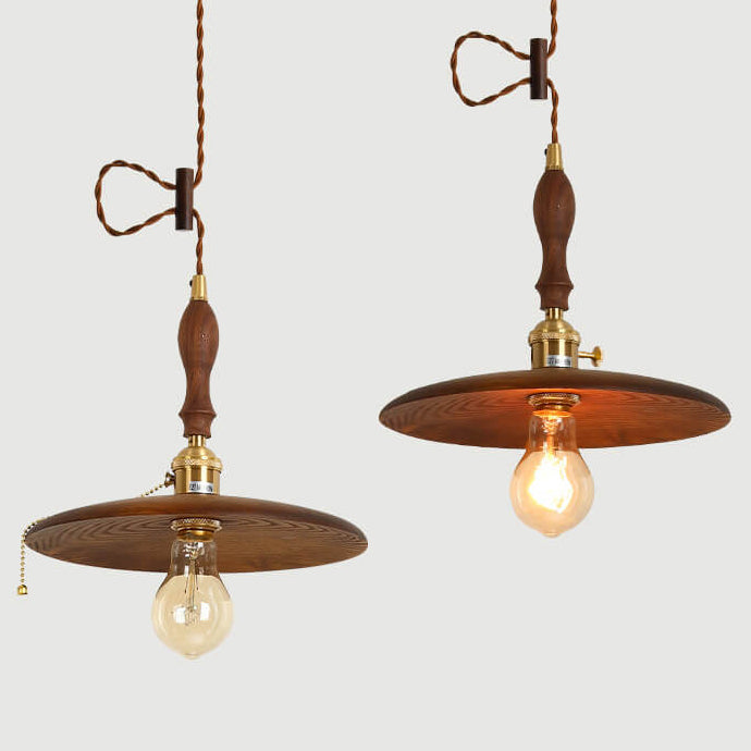 Contemporary Retro Ash Wood Copper Round Dish Irregular Grain 1-Light Pendant Light For Dining Room