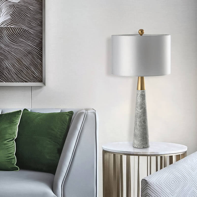 Abat-jour en tissu simple moderne, base en marbre gris, lampe de table à 1 lumière 