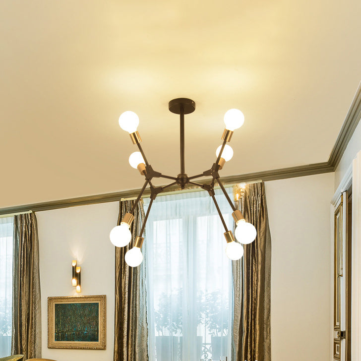 Lustre moderne du milieu du siècle à branches variables en fer avec abat-jour rond en verre à 6/8 lumières pour salon 