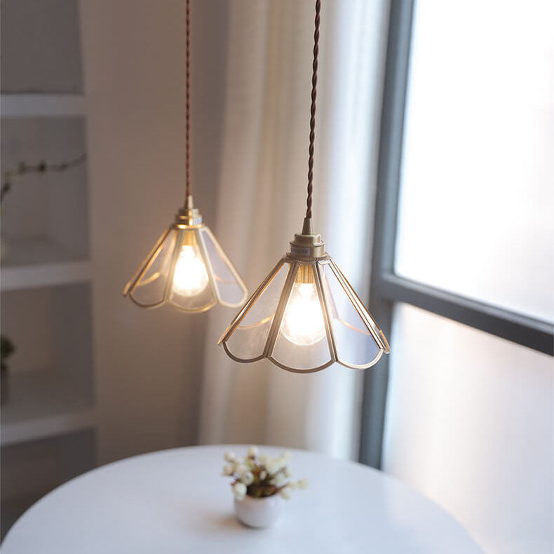 Traditional Japanese Cone Geometric Glass Copper 1-Light Pendant Light