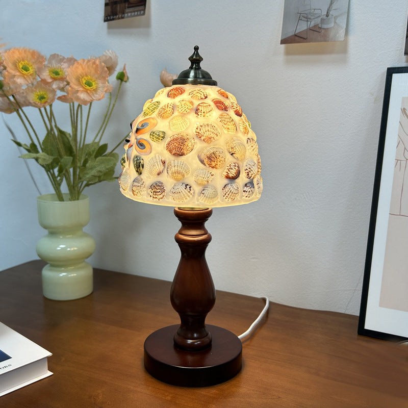 Lámpara de Mesa de 1 Luz con Caparazón de Lozange de Hemisferoide de Vidrio de Madera Vintage Tradicional para Mesita de Noche 