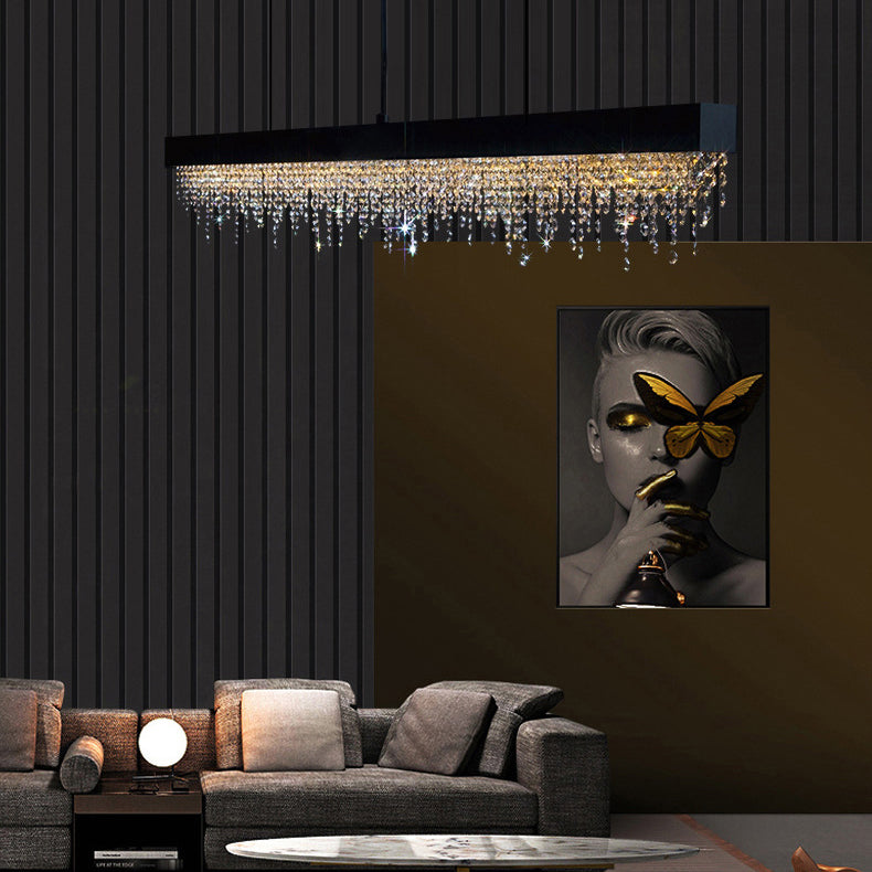 Lustre LED rectangulaire en acier inoxydable avec cristaux de luxe contemporain pour salle à manger 