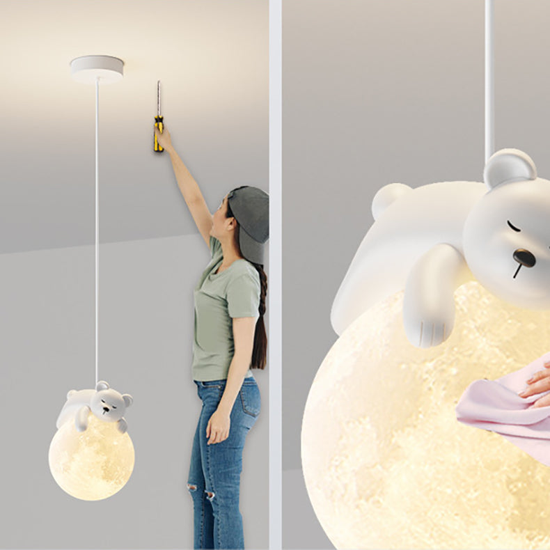 Lámpara colgante contemporánea creativa de resina con forma de conejo y luna de 1 luz para niños, para sala de estar 