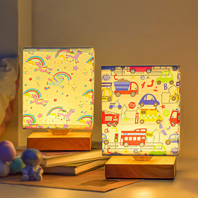 Contemporary Creative Kids Rectangular Solid Wood Fabric LED Table Lamp For Bedroom