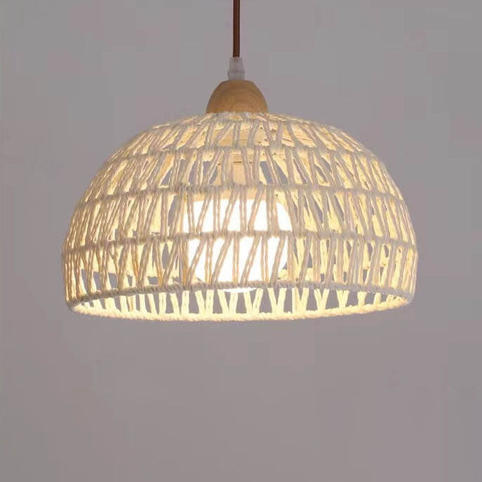 Contemporary Boho Rubberwood Faux Rattan Weaving Dome 1-Light Pendant Light For Dining Room