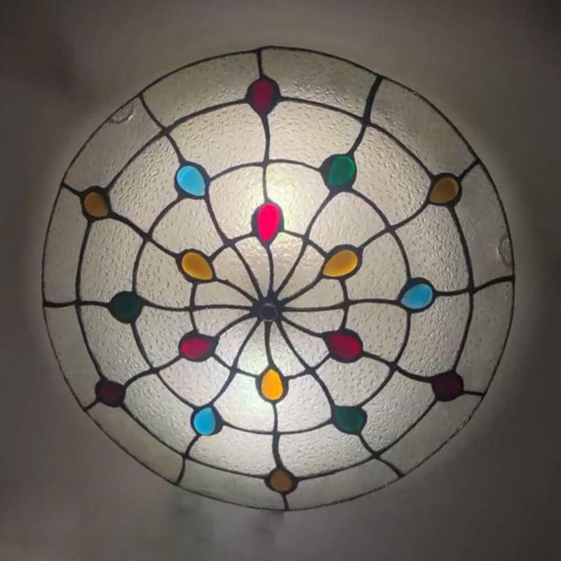 Traditional Tiffany Round Shell Bead Stained Glass 2-Light Flush Mount Ceiling Light For Hallway