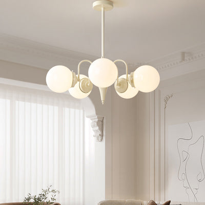 Lustre contemporain rétro à branches courbées avec tige ronde et boules en fer et verre 3/5 lumières pour salon 