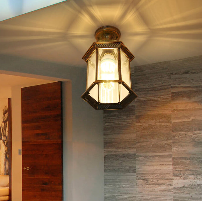Traditional European Outdoor Hexagonal Lantern Waterproof 1-Light Semi-Flush Mount Ceiling Light For Outdoor
