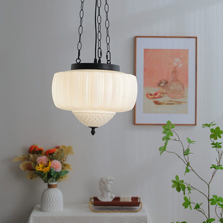 Moderna Minimalista Crema Linterna Hierro Vidrio Lámpara Colgante de 3 Luces para Sala de Estar 