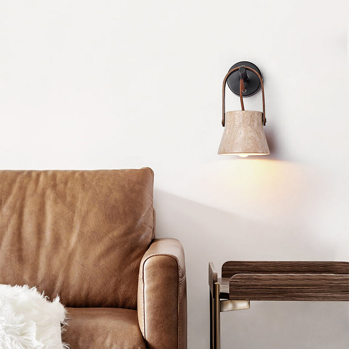 Aplique de pared de 1 luz redondo de travertino amarillo y nogal retro japonés 