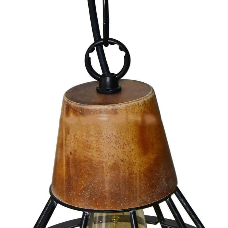 French Industrial Wrought Iron Wood Funnel Frame 1-Light Pendant Light