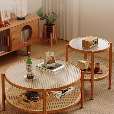 Traditioneller japanischer runder Glastisch aus Rattan und massivem Holz mit 2 Ebenen für das Wohnzimmer 