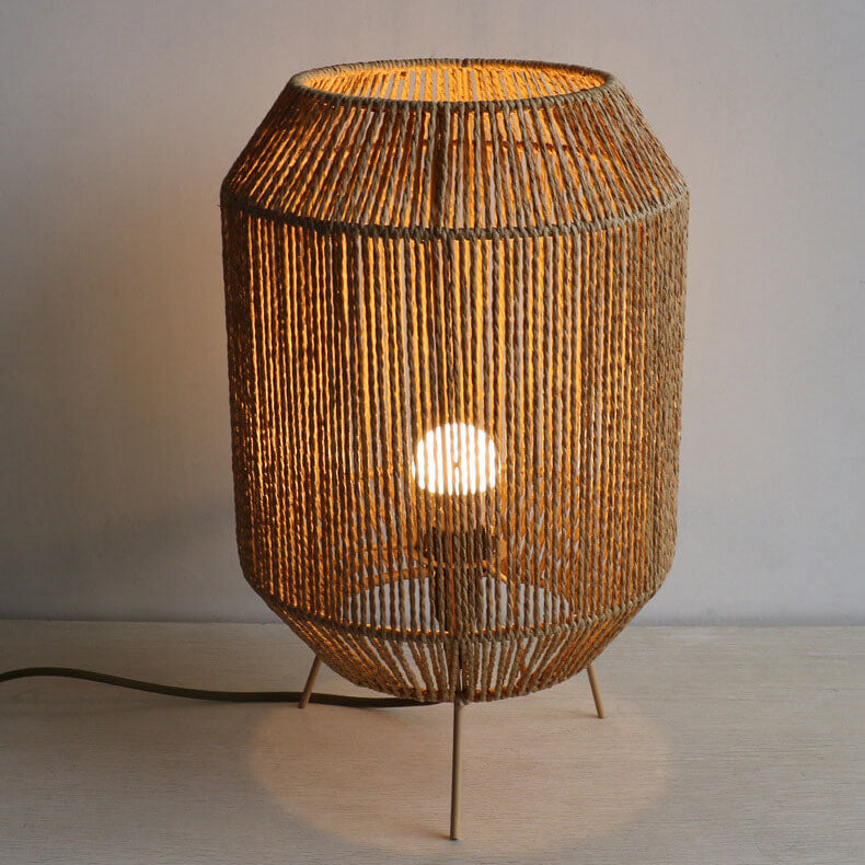 Lámpara de Mesa de 1 Luz con Jaula de Tejido de Cuerda de Cáñamo Rústico Tradicional para Estudio 