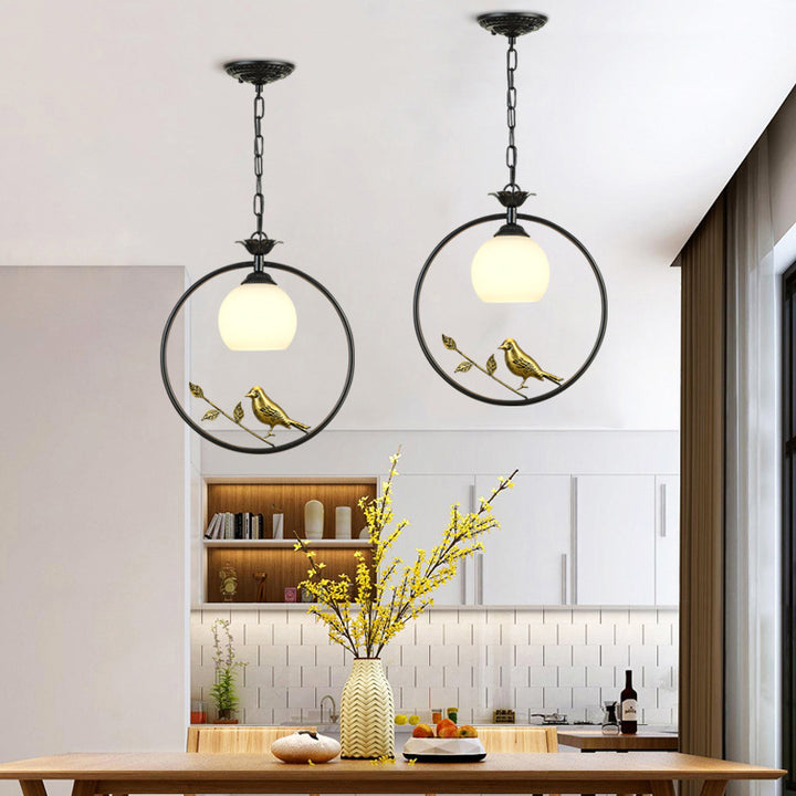 Traditionelle Vintage Eisenring Vogel Dekor Blume Glasschirm 1-Licht Pendelleuchte für Wohnzimmer 