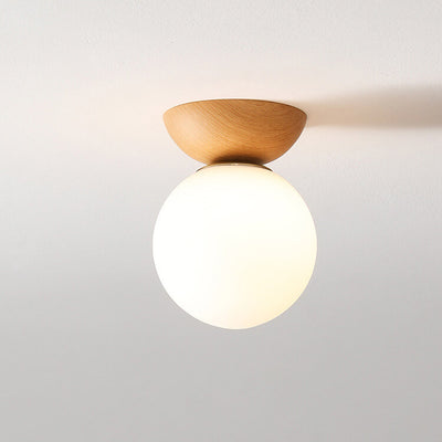Japanese Minimalist Wood Grain Glass Round 1-Light Flush Mount Ceiling Light