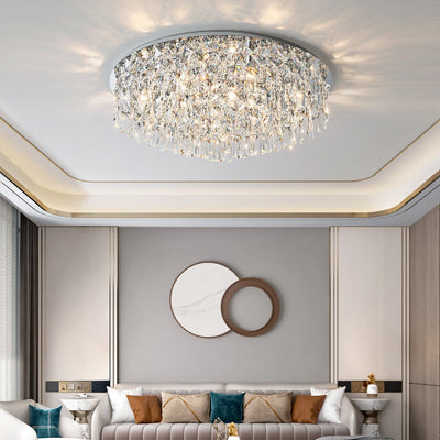 Luxe contemporain Éblouissant chaînes de cristal prismatiques Cadre rond en acier inoxydable Plafonnier encastré à 2/6/8 lumières pour salon 