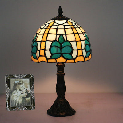 Tiffany Retro Mediterrane Blätter Buntglas 1-Licht Tischlampe 