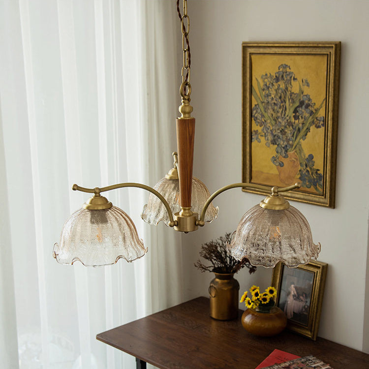 Traditional Vintage Petals All Copper Log Glass 3/5 Light Chandelier For Living Room