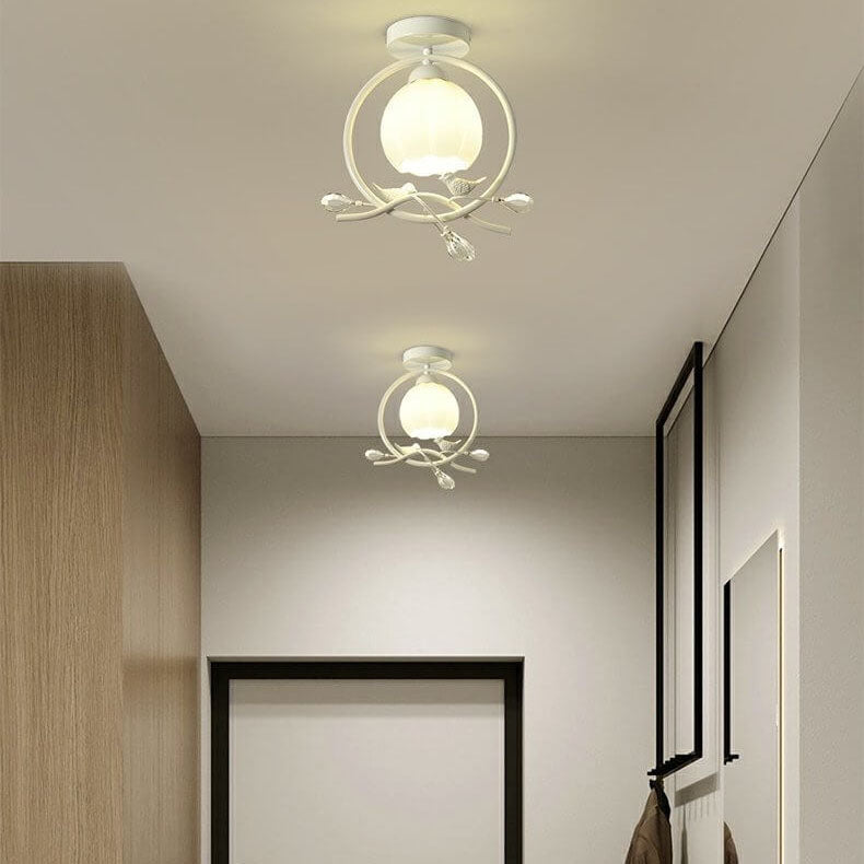 Modern Art Deco Iron Circle Ring Frame Resin Bird 1-Light Semi-Flush Mount Ceiling Light For Living Room