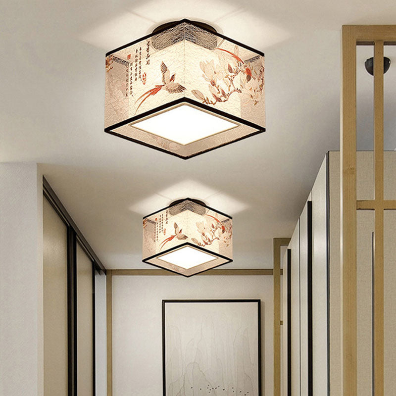 Traditional Chinese Square Iron Fabric 1-Light Semi-Flush Mount Ceiling Light For Hallway