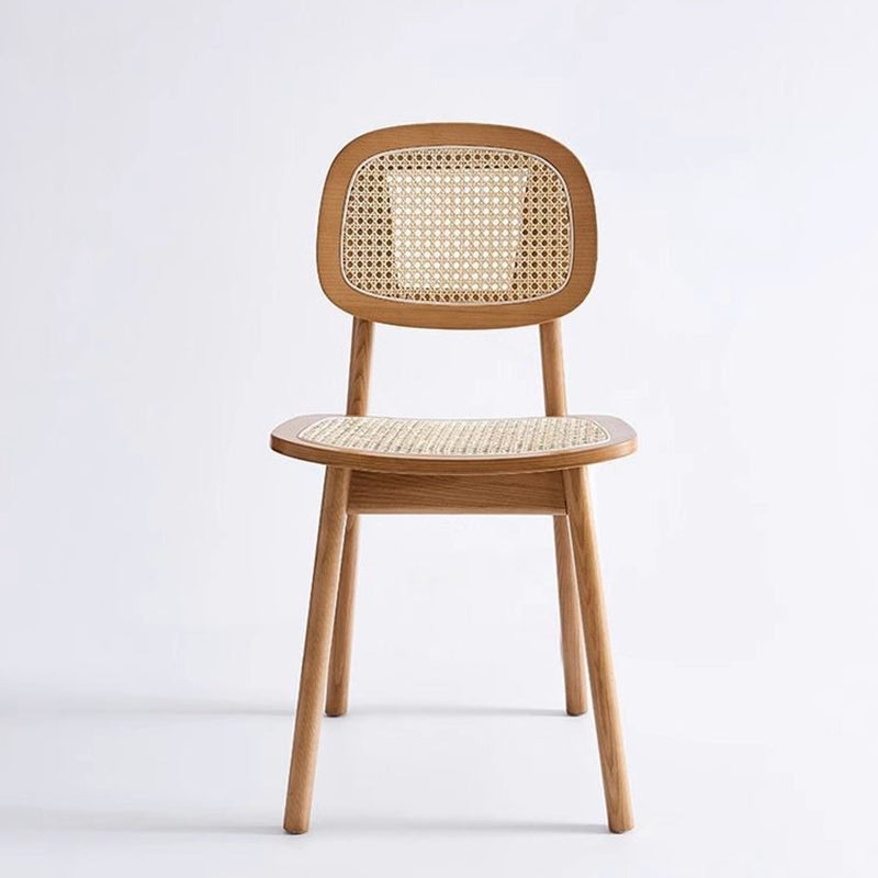 Moderner minimalistischer Esszimmerstuhl aus PET-Rattan und Kautschukholz mit quadratischer Rückenlehne 