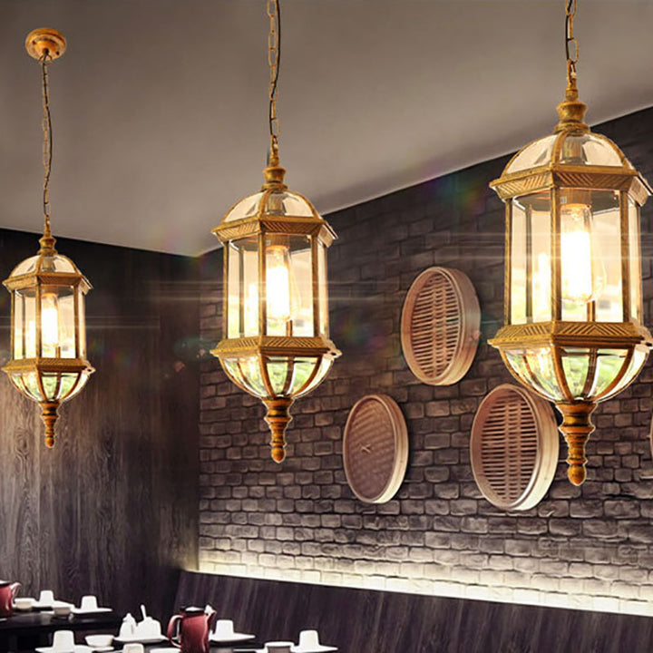 Zeitgenössische Retro sechseckige Laterne Glas Aluminium 1-Licht wasserdichte Pendelleuchte für Terrasse im Freien 
