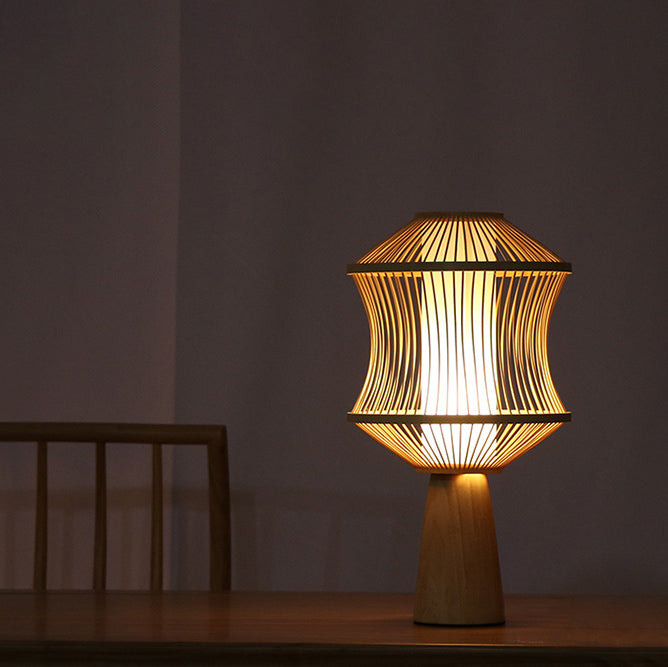 Traditional Japanese Nan Bamboo Solid Wood Geometric Cage Column 1-Light Table Lamp For Living Room &amp; Bedroom