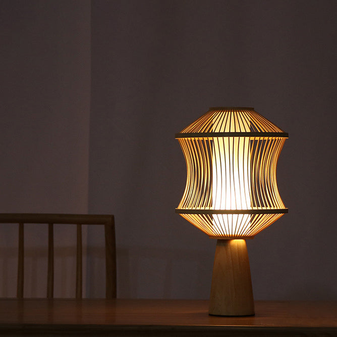 Japanische Bambusweberei Geometric Cage Column 1-Light Tischlampe