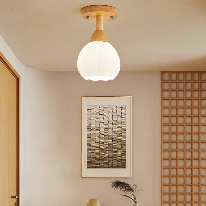 Traditional Japanese Spherical Glass Shape Wood Base1-Light Semi-Flush Mount Ceiling Light For Living Room