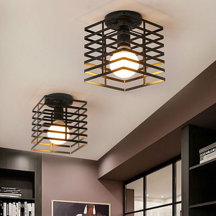 Traditionelle Bauernhaus Eisendraht quadratisch Käfig 1-Licht Semi-Flush Mount Deckenleuchte für Flur 