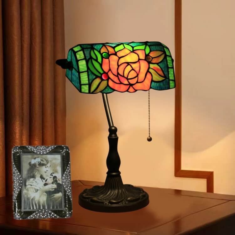 Traditional Tiffany Blooming Flowers Stained Glass 1-Light Bank Table Lamp for Living Room