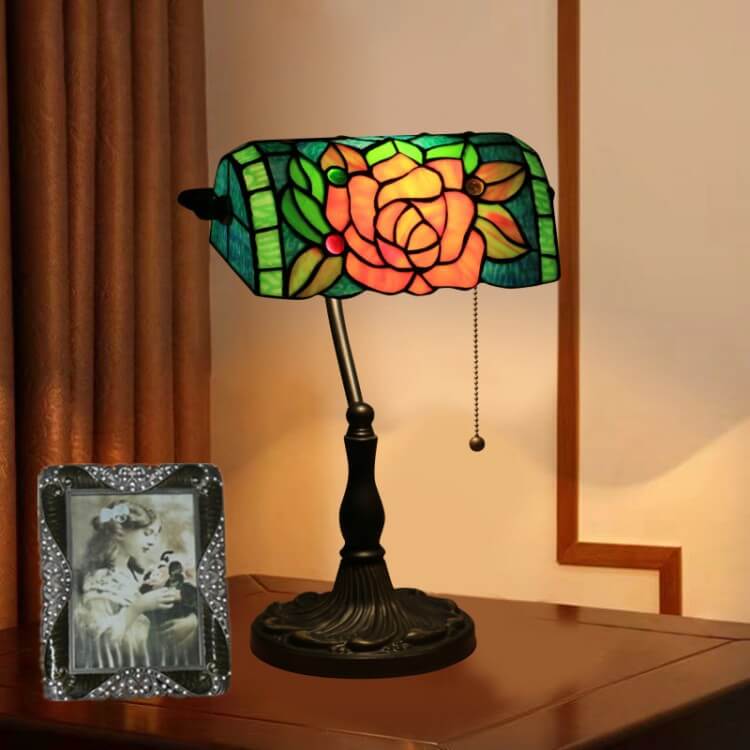 Tiffany Vintage Blooming Flowers Stained Glass 1-Light Bank Table Lamp
