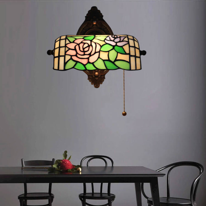 Traditional Vintage Tiffany Floral Stained Glass 1-Light Zipper Wall Sconce Lamp For Living Room