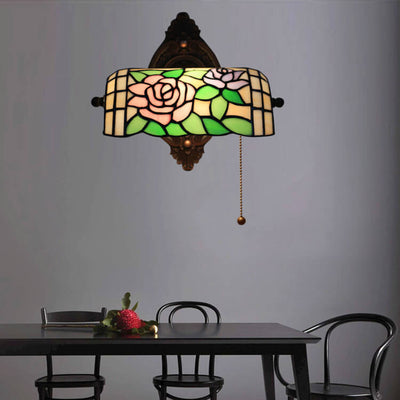 Traditional Tiffany Floral Stained Glass 1-Light Zipper Wall Sconce Lamp For Living Room