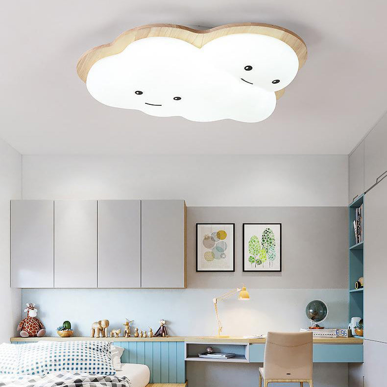 Modern Art Deco Airplane Clouds Moon Acrylic Wood LED Flush Mount Ceiling Light For Living Room