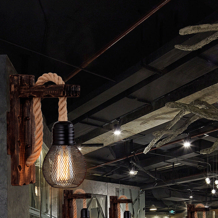 Traditionelle Vintage Holzbalken Eisenkäfig 1-Licht Wandleuchte Lampe für Wohnzimmer 