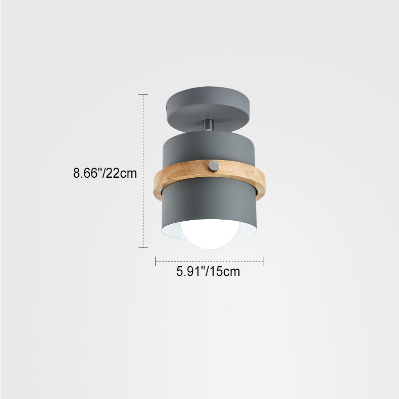 Contemporary Nordic Round Cylinder Iron Solid Wood 1-Light Semi-Flush Mount Ceiling Light For Hallway