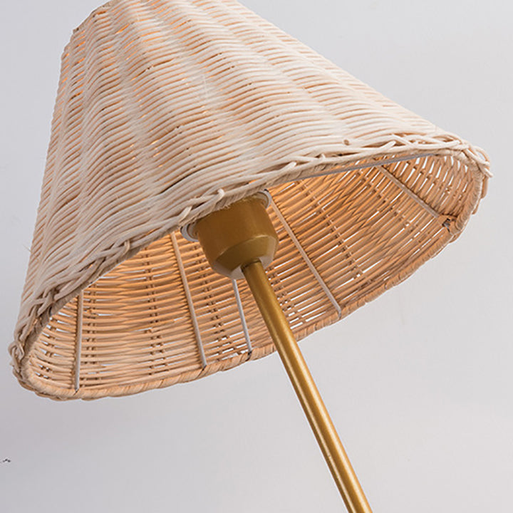 Lampe de table contemporaine Boho ronde à base cylindrique trapézoïdale en rotin et métal à 1 lumière pour chambre 