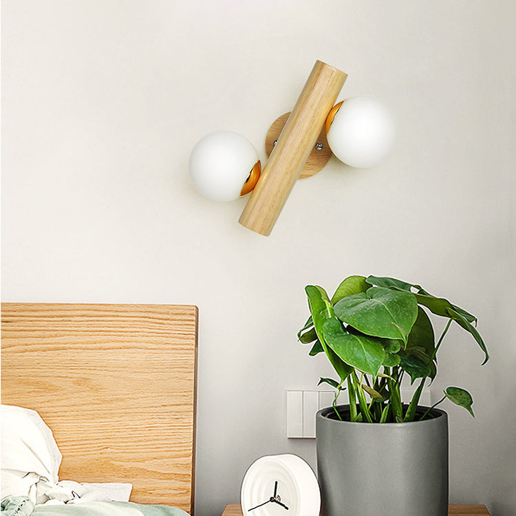 Traditional Japanese Metal Rubber Wood Walnut Glass Cylinder Strip Ball 2-Light Wall Sconce Lamp For Bedside