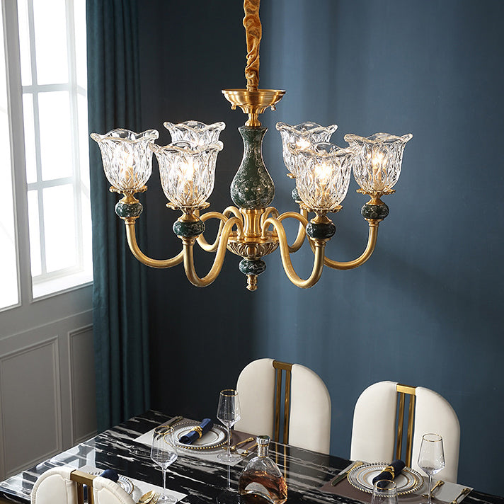 Lustre traditionnel vintage en cuivre avec verre rond et fleurs 3/6/8/10 lumières pour salon 