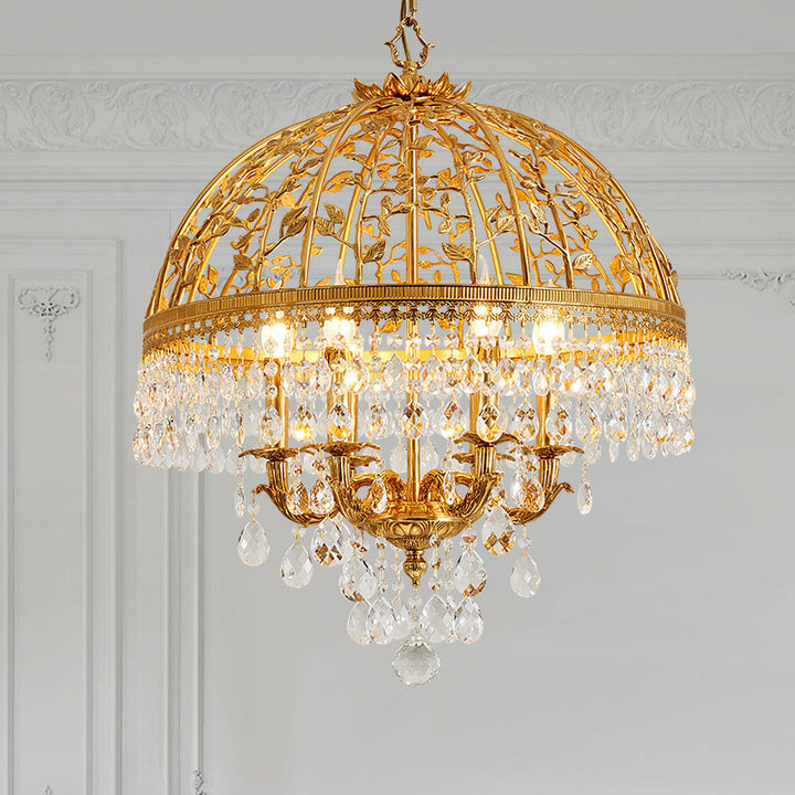 Chandelier à 6 lumières avec branches en cristal et dôme en cuivre de luxe traditionnel pour salle à manger 