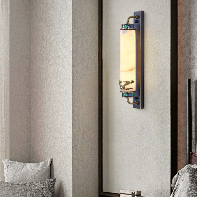 Traditional Chinese Marble Copper Column Brass LED Wall Sconce Lamp for Living Room
