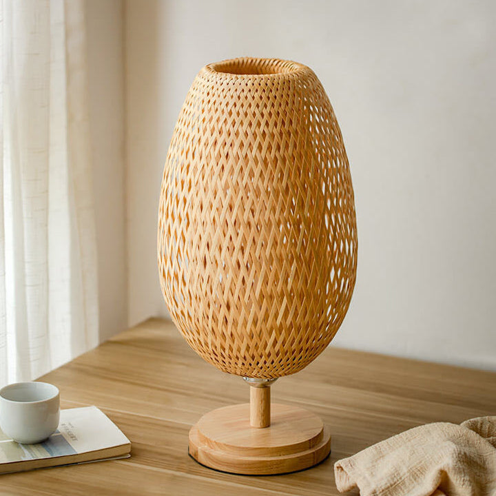 Traditional Chinese Moso Bamboo Wood Iron Weaving Oval Round 1-Light Table Lamp For Bedroom