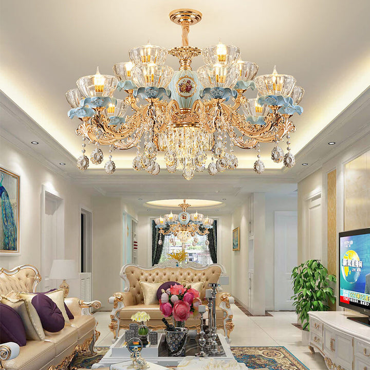 Traditional European Flower Candelabra Zinc Alloy Crystal Glass Ceramic 6/8/10/12-Light Chandelier For Living Room