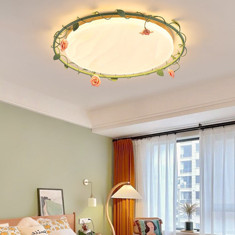 Contemporary Creative Round Square Rose Leaf Iron Rubberwood Acrylic LED Flush Mount Ceiling Light For Bedroom