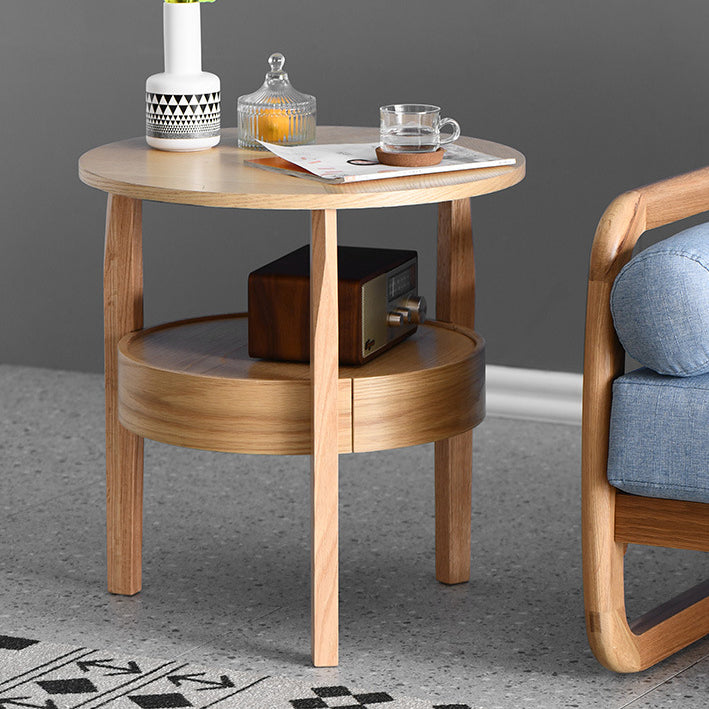 Mesa auxiliar redonda contemporánea, retro y vintage de madera de caucho, madera de pino y contrachapado con cajón de 2 niveles para sala de estar 