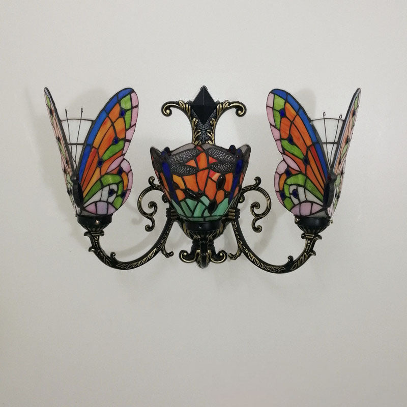 Traditional Tiffany European Butterfly Alloy Iron Glass 3-Light Wall Sconce Lamp For Hallway