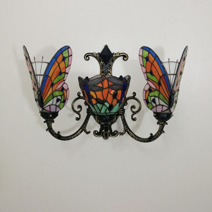 Traditional Tiffany European Butterfly Alloy Iron Glass 3-Light Wall Sconce Lamp For Hallway