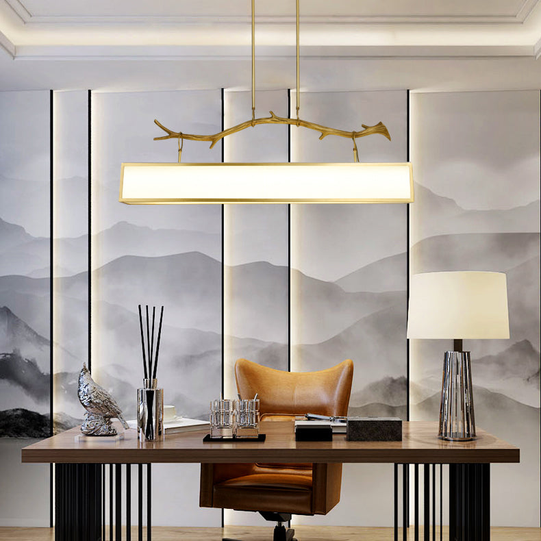 Moderne Art Deco Vollkupfer Zweig Stoff Rechteck Schatten 1-Licht Insel Licht Pendelleuchte für Wohnzimmer 